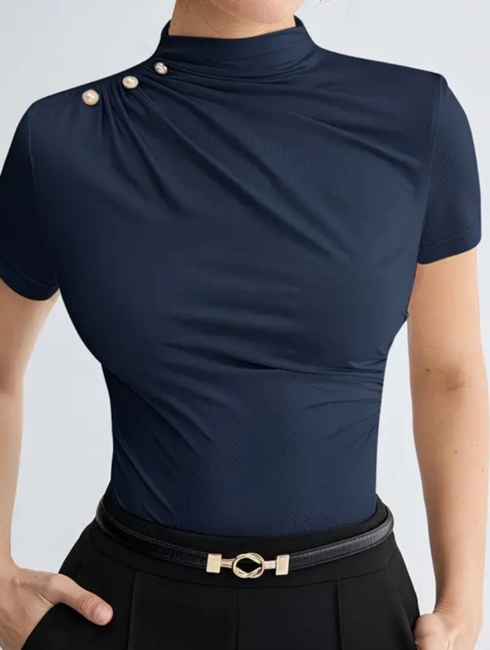 Elegant Navy Short-Sleeve Mock Neck Top with Decorative Buttons